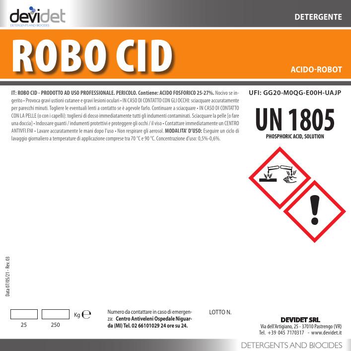 zootecnia pulizia impianti e superfici detergenti dettaglio etichetta pulizia robot mungitura Robo Cid Devidet